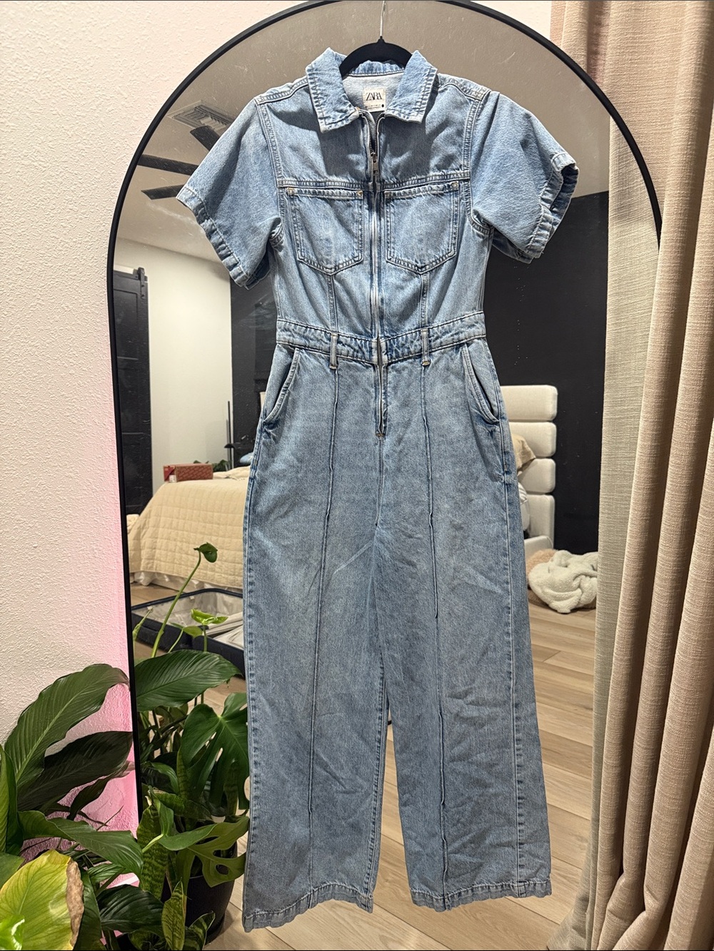 Zara Light Wash Denim Zip-Front Jumpsuit